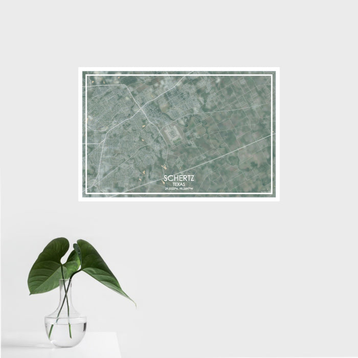 16x24 Schertz Texas Map Print Landscape Orientation in Afternoon Style With Tropical Plant Leaves in Water