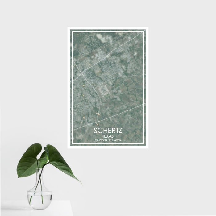 16x24 Schertz Texas Map Print Portrait Orientation in Afternoon Style With Tropical Plant Leaves in Water