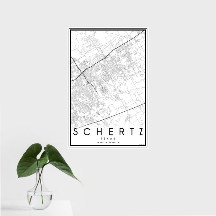 16x24 Schertz Texas Map Print Portrait Orientation in Classic Style With Tropical Plant Leaves in Water