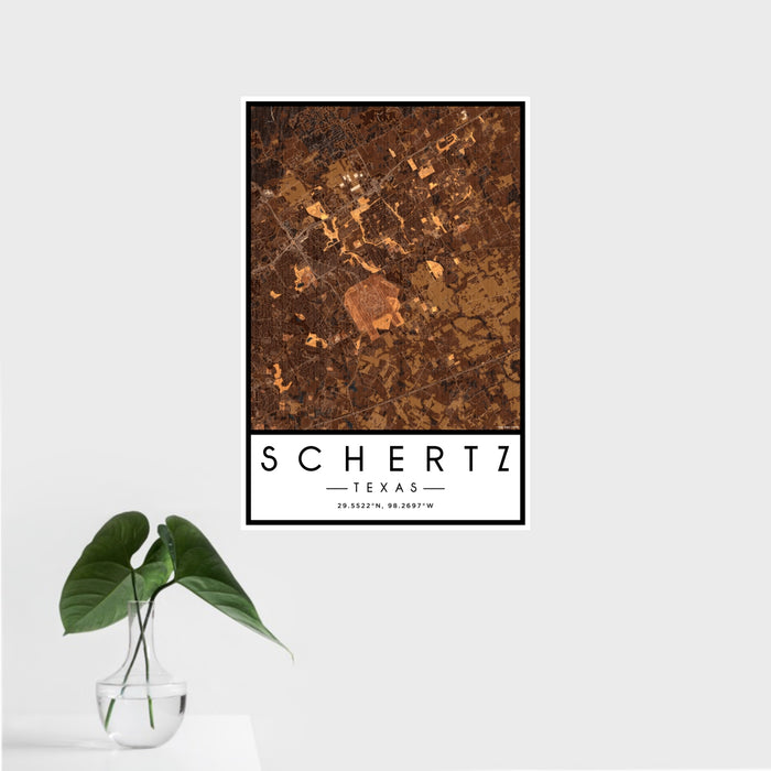 16x24 Schertz Texas Map Print Portrait Orientation in Ember Style With Tropical Plant Leaves in Water