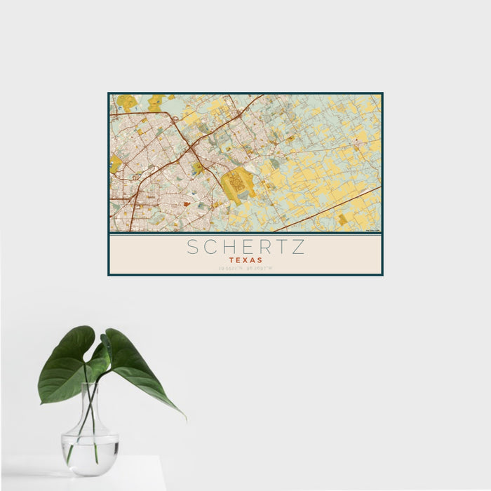 16x24 Schertz Texas Map Print Landscape Orientation in Woodblock Style With Tropical Plant Leaves in Water