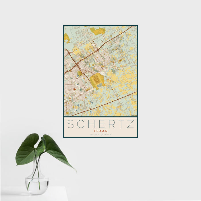 16x24 Schertz Texas Map Print Portrait Orientation in Woodblock Style With Tropical Plant Leaves in Water