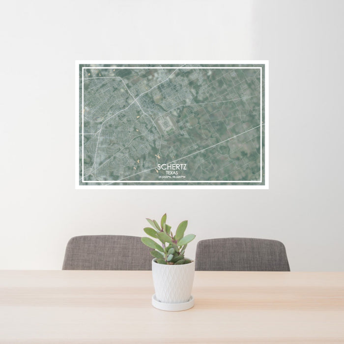 24x36 Schertz Texas Map Print Lanscape Orientation in Afternoon Style Behind 2 Chairs Table and Potted Plant