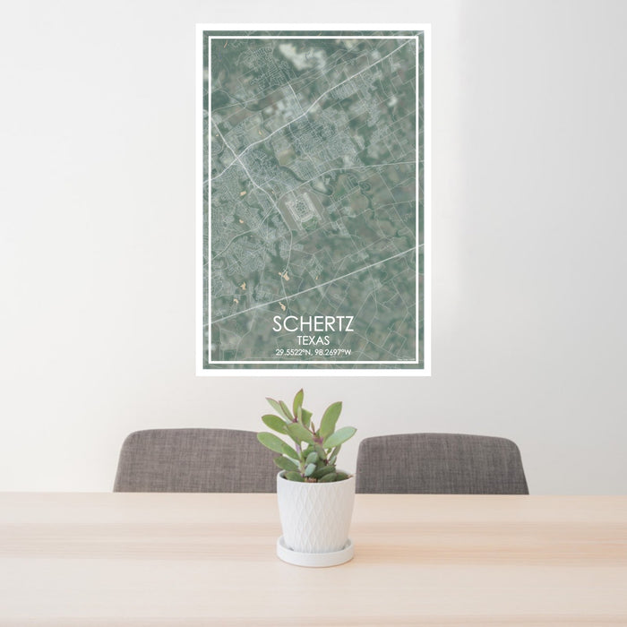 24x36 Schertz Texas Map Print Portrait Orientation in Afternoon Style Behind 2 Chairs Table and Potted Plant