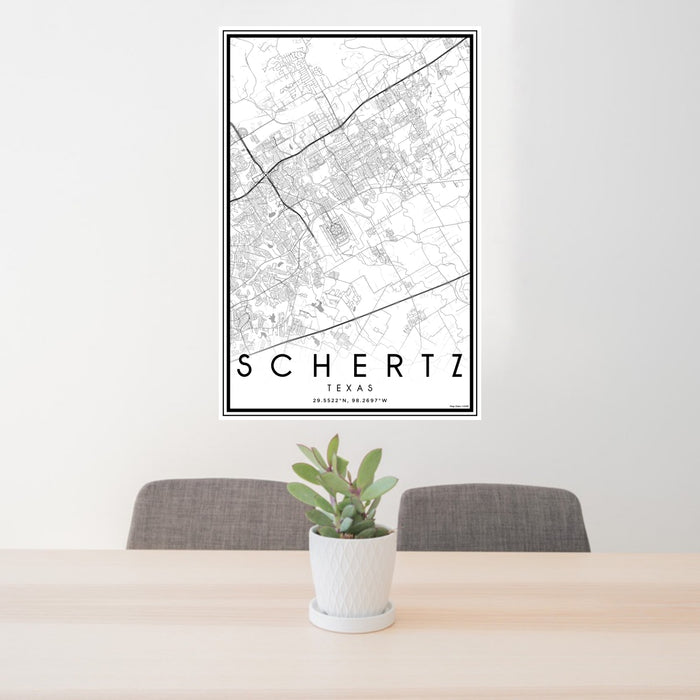 24x36 Schertz Texas Map Print Portrait Orientation in Classic Style Behind 2 Chairs Table and Potted Plant