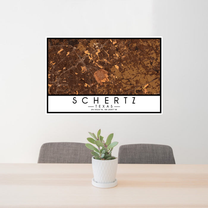 24x36 Schertz Texas Map Print Lanscape Orientation in Ember Style Behind 2 Chairs Table and Potted Plant