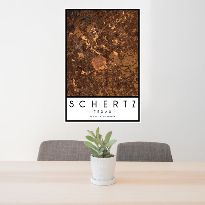 24x36 Schertz Texas Map Print Portrait Orientation in Ember Style Behind 2 Chairs Table and Potted Plant