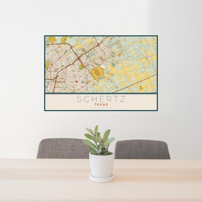 24x36 Schertz Texas Map Print Lanscape Orientation in Woodblock Style Behind 2 Chairs Table and Potted Plant