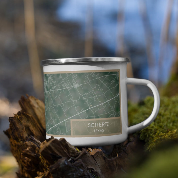 Right View Custom Schertz Texas Map Enamel Mug in Afternoon on Grass With Trees in Background