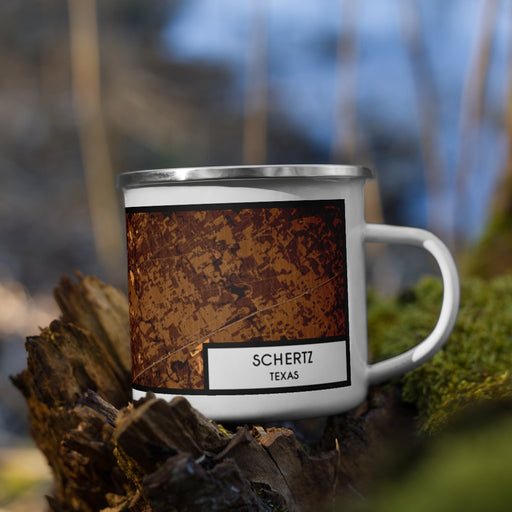 Right View Custom Schertz Texas Map Enamel Mug in Ember on Grass With Trees in Background