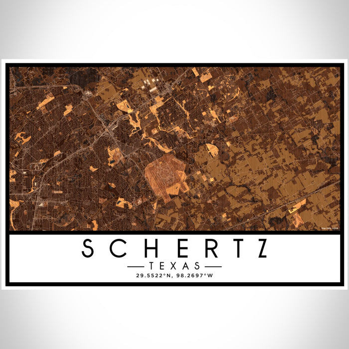 Schertz Texas Map Print Landscape Orientation in Ember Style With Shaded Background