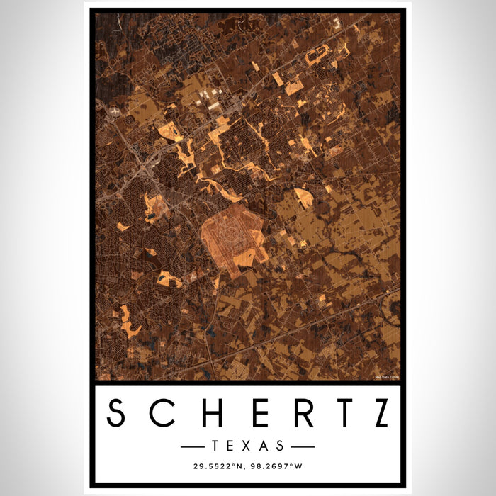 Schertz Texas Map Print Portrait Orientation in Ember Style With Shaded Background