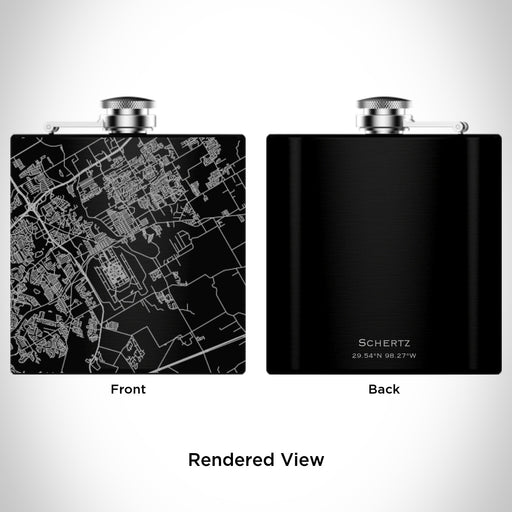 Rendered View of Schertz Texas Map Engraving on 6oz Stainless Steel Flask in Black