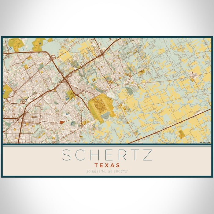 Schertz Texas Map Print Landscape Orientation in Woodblock Style With Shaded Background