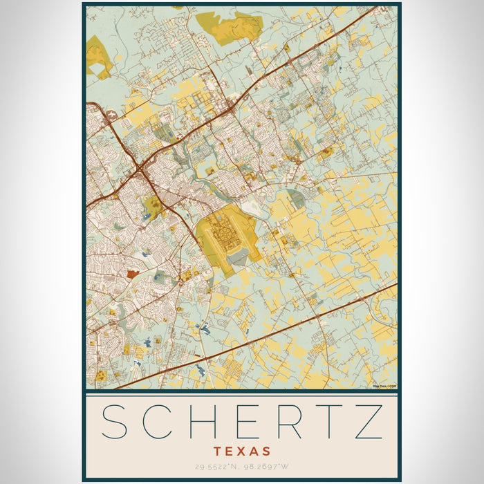 Schertz Texas Map Print Portrait Orientation in Woodblock Style With Shaded Background