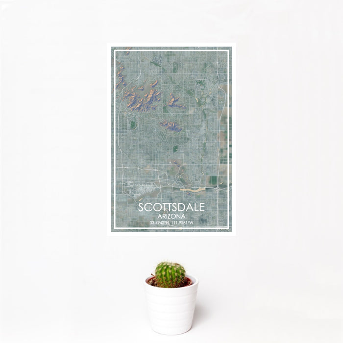 12x18 Scottsdale Arizona Map Print Portrait Orientation in Afternoon Style With Small Cactus Plant in White Planter
