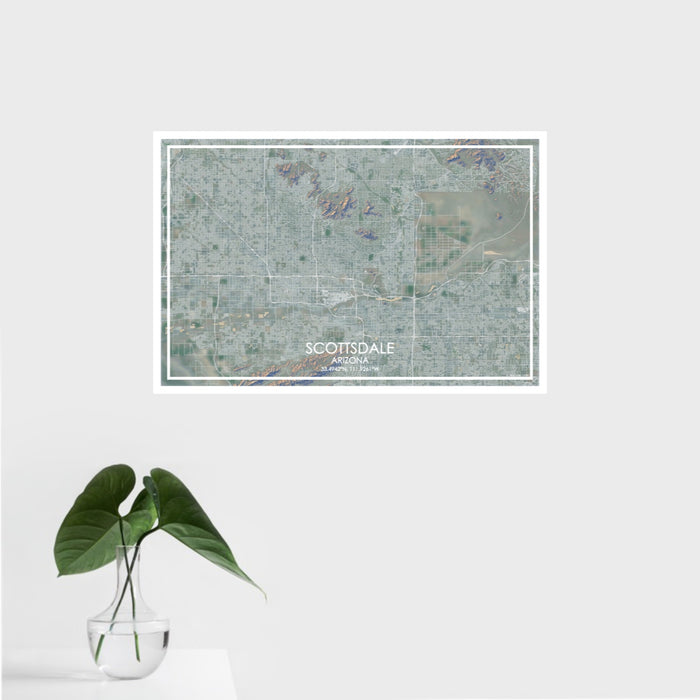 16x24 Scottsdale Arizona Map Print Landscape Orientation in Afternoon Style With Tropical Plant Leaves in Water