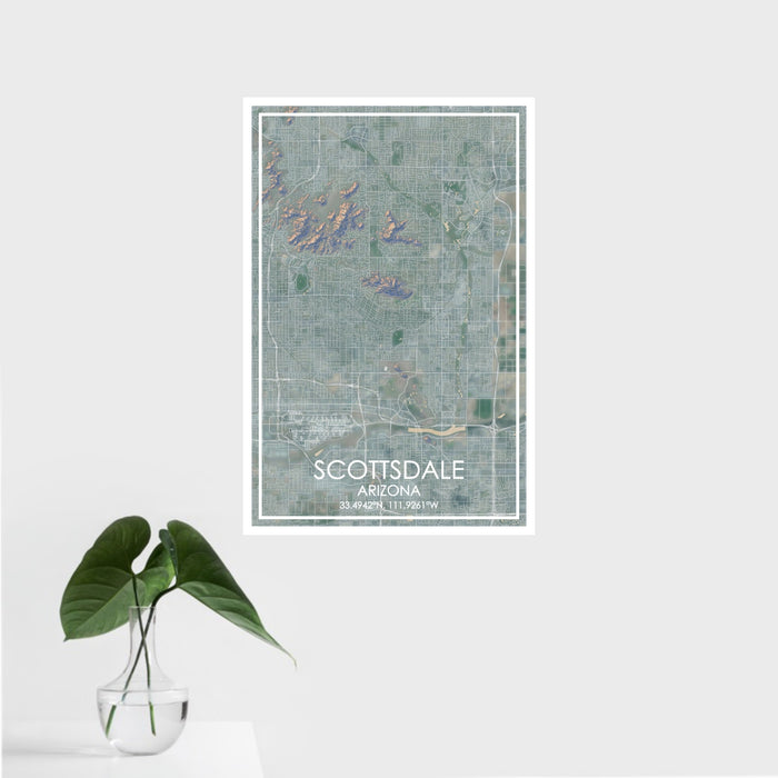 16x24 Scottsdale Arizona Map Print Portrait Orientation in Afternoon Style With Tropical Plant Leaves in Water