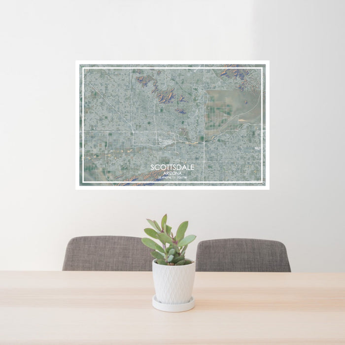 24x36 Scottsdale Arizona Map Print Lanscape Orientation in Afternoon Style Behind 2 Chairs Table and Potted Plant