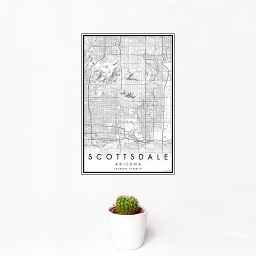 12x18 Scottsdale Arizona Map Print Portrait Orientation in Classic Style With Small Cactus Plant in White Planter