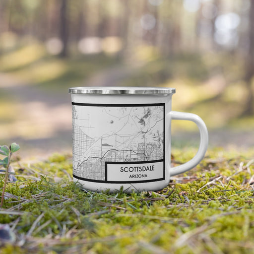 Right View Custom Scottsdale Arizona Map Enamel Mug in Classic on Grass With Trees in Background