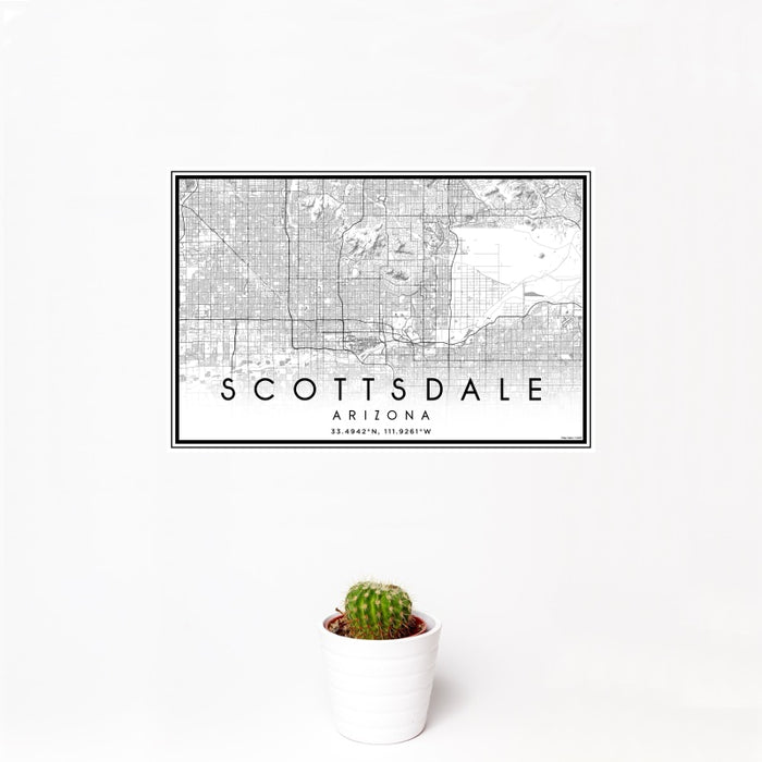 12x18 Scottsdale Arizona Map Print Landscape Orientation in Classic Style With Small Cactus Plant in White Planter