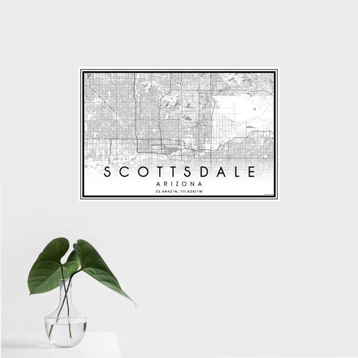 16x24 Scottsdale Arizona Map Print Landscape Orientation in Classic Style With Tropical Plant Leaves in Water