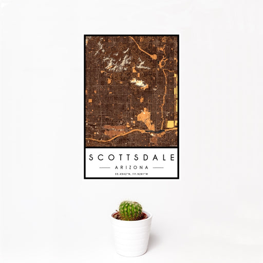 12x18 Scottsdale Arizona Map Print Portrait Orientation in Ember Style With Small Cactus Plant in White Planter