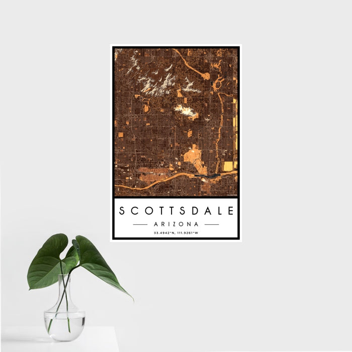 16x24 Scottsdale Arizona Map Print Portrait Orientation in Ember Style With Tropical Plant Leaves in Water