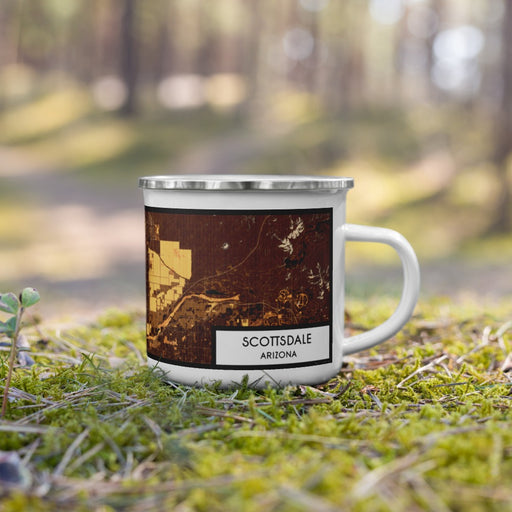 Right View Custom Scottsdale Arizona Map Enamel Mug in Ember on Grass With Trees in Background