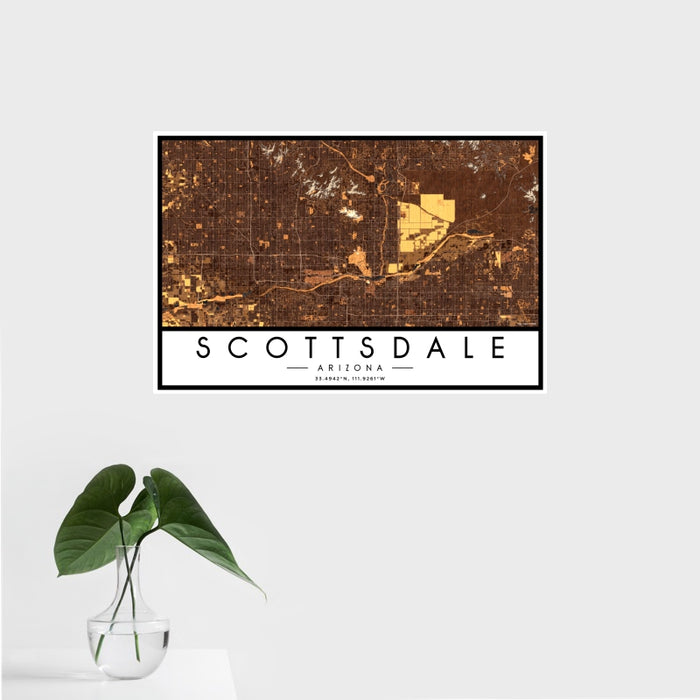 16x24 Scottsdale Arizona Map Print Landscape Orientation in Ember Style With Tropical Plant Leaves in Water