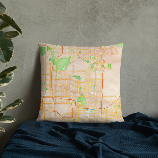 Custom Scottsdale Arizona Map Throw Pillow in Watercolor on Bedding Against Wall
