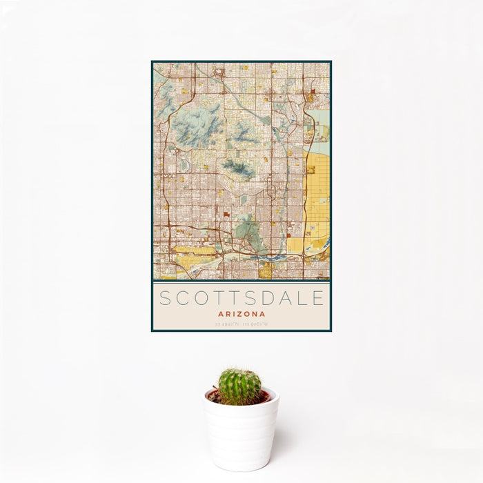 12x18 Scottsdale Arizona Map Print Portrait Orientation in Woodblock Style With Small Cactus Plant in White Planter