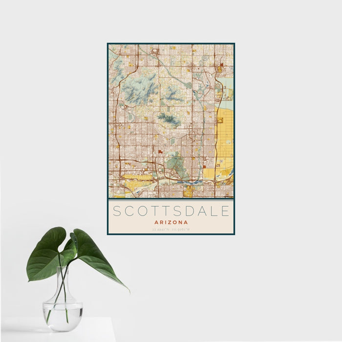 16x24 Scottsdale Arizona Map Print Portrait Orientation in Woodblock Style With Tropical Plant Leaves in Water