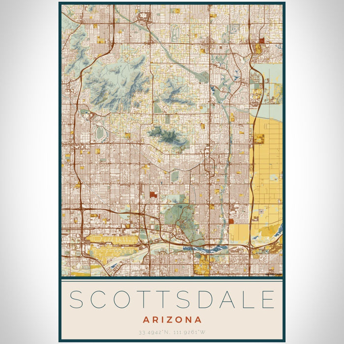 Scottsdale Arizona Map Print Portrait Orientation in Woodblock Style With Shaded Background