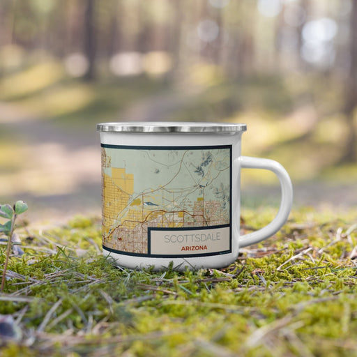 Right View Custom Scottsdale Arizona Map Enamel Mug in Woodblock on Grass With Trees in Background