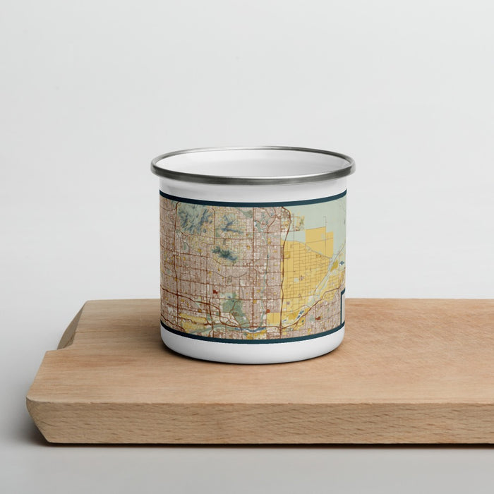 Front View Custom Scottsdale Arizona Map Enamel Mug in Woodblock on Cutting Board
