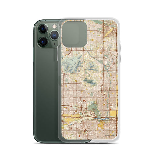 Custom Scottsdale Arizona Map Phone Case in Woodblock on Table with Laptop and Plant