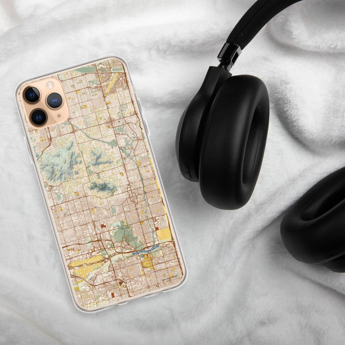 Custom Scottsdale Arizona Map Phone Case in Woodblock on Table with Black Headphones