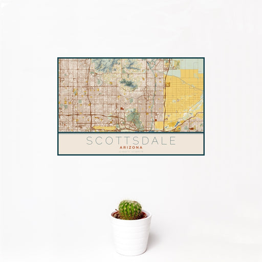 12x18 Scottsdale Arizona Map Print Landscape Orientation in Woodblock Style With Small Cactus Plant in White Planter