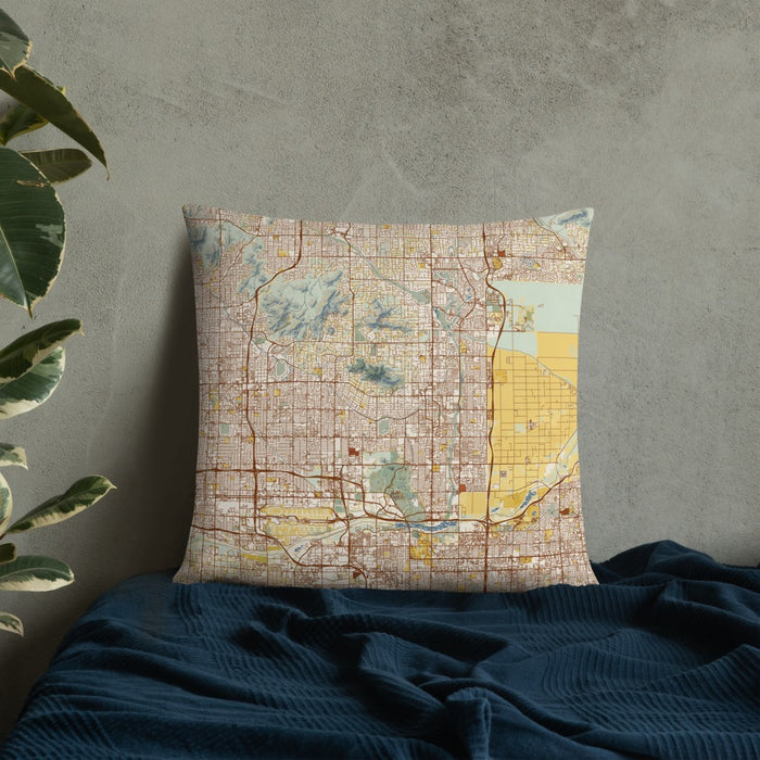 Custom Scottsdale Arizona Map Throw Pillow in Woodblock on Bedding Against Wall