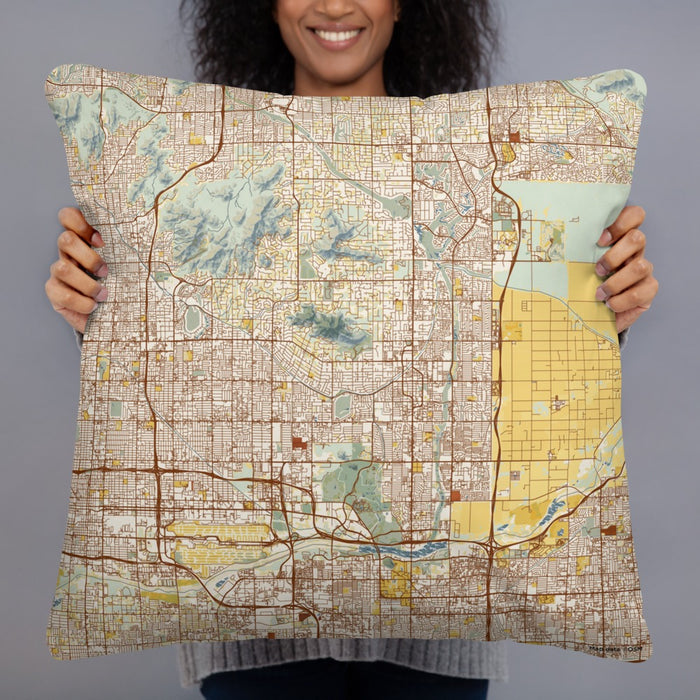 Person holding 22x22 Custom Scottsdale Arizona Map Throw Pillow in Woodblock