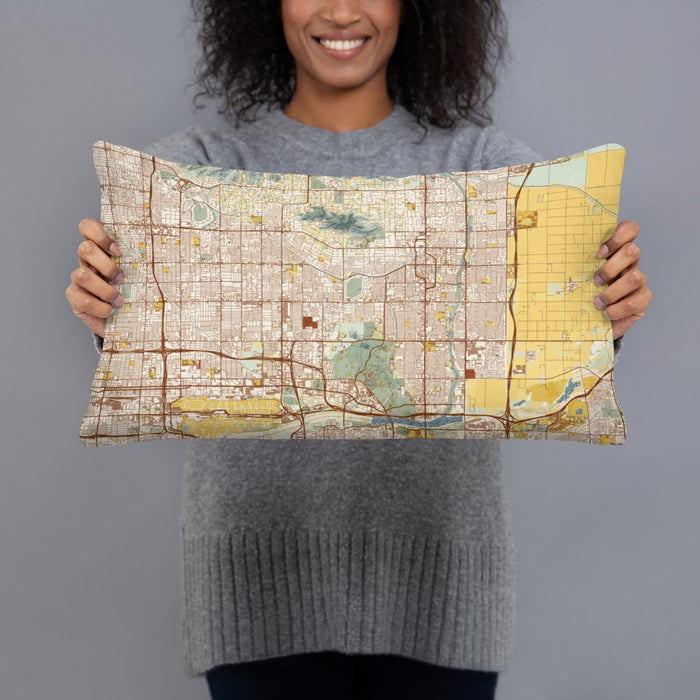 Person holding 20x12 Custom Scottsdale Arizona Map Throw Pillow in Woodblock