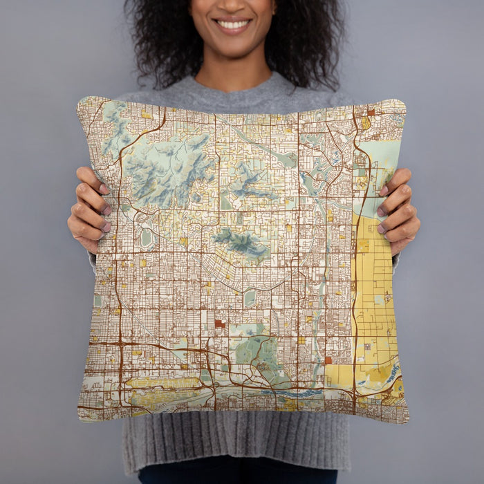 Person holding 18x18 Custom Scottsdale Arizona Map Throw Pillow in Woodblock