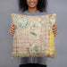 Person holding 18x18 Custom Scottsdale Arizona Map Throw Pillow in Woodblock