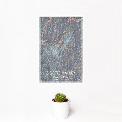 12x18 Scotts Valley California Map Print Portrait Orientation in Afternoon Style With Small Cactus Plant in White Planter