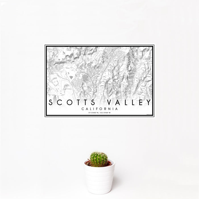 12x18 Scotts Valley California Map Print Landscape Orientation in Classic Style With Small Cactus Plant in White Planter