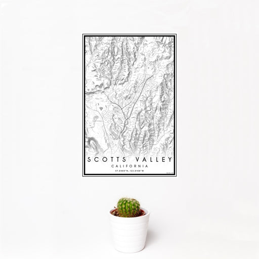 12x18 Scotts Valley California Map Print Portrait Orientation in Classic Style With Small Cactus Plant in White Planter