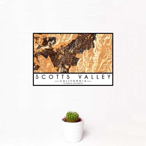 12x18 Scotts Valley California Map Print Landscape Orientation in Ember Style With Small Cactus Plant in White Planter