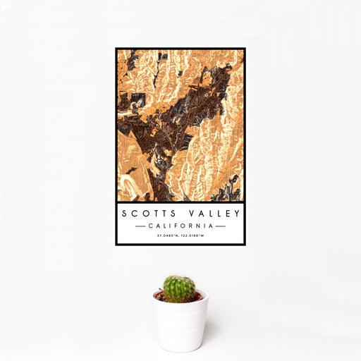 12x18 Scotts Valley California Map Print Portrait Orientation in Ember Style With Small Cactus Plant in White Planter